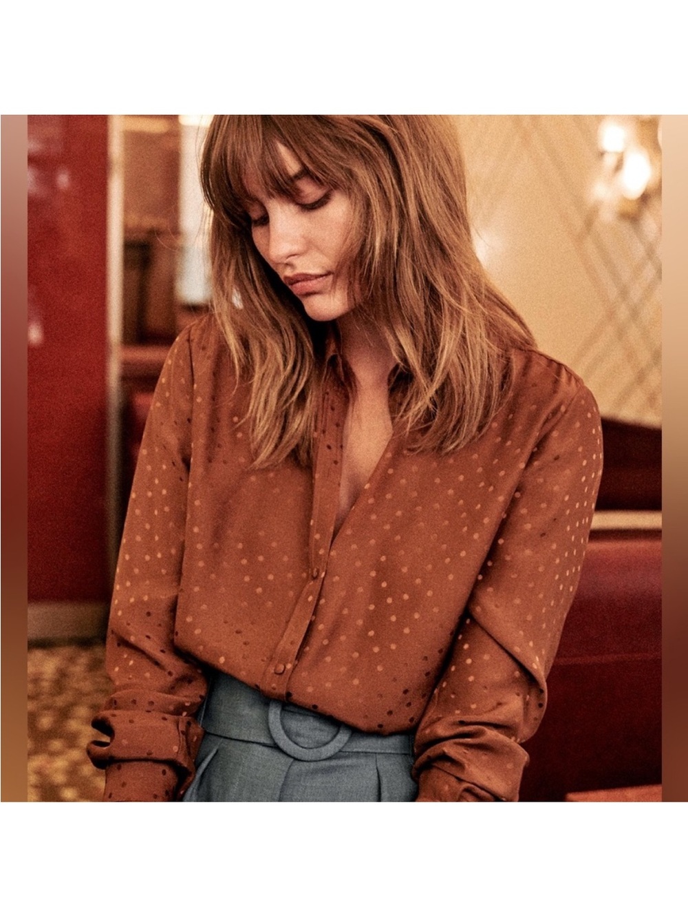 Sezane 100% Silk Ann Shirt Tonal Toffee Brown Size 38